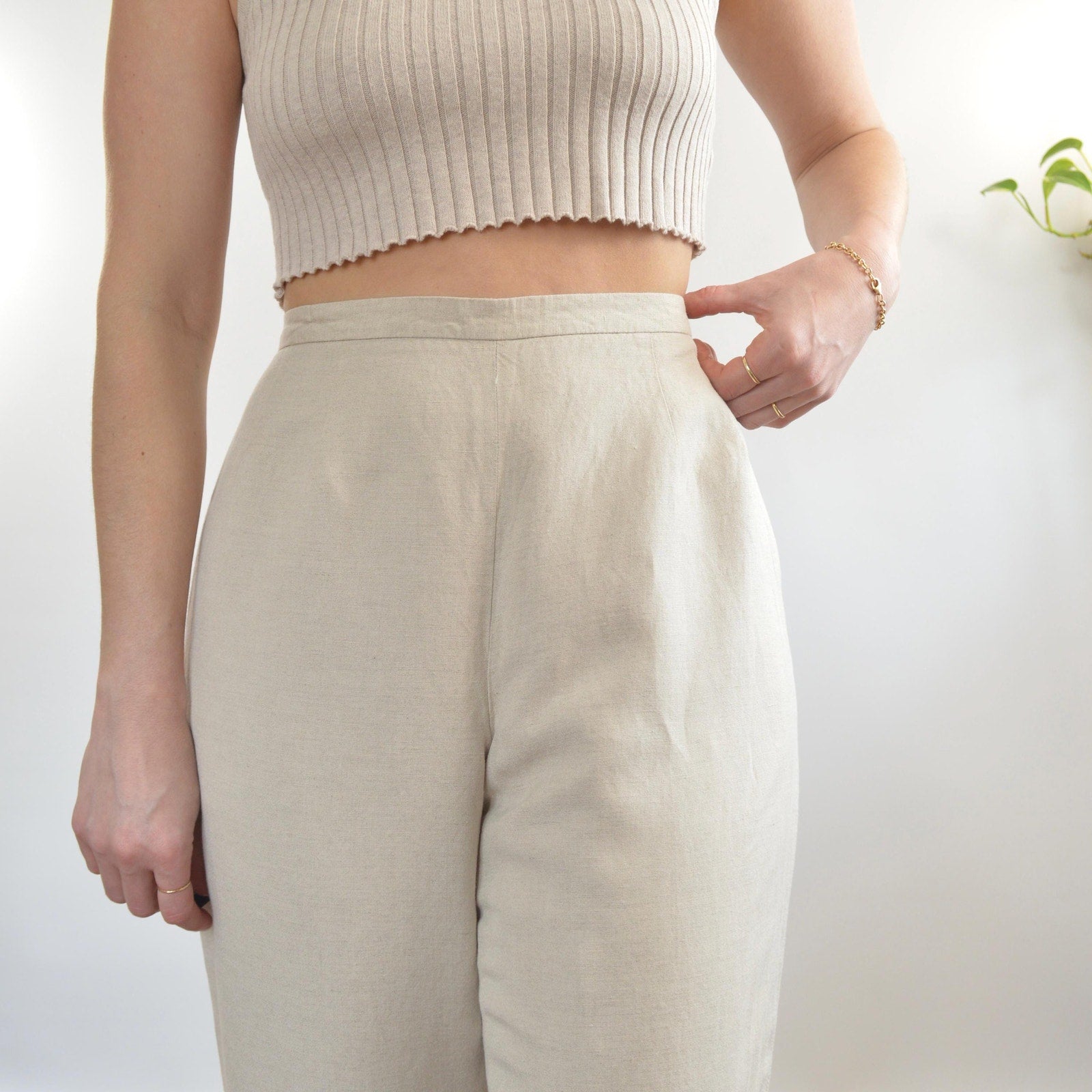vintage covington petite fully lined high waisted beige wide leg pants