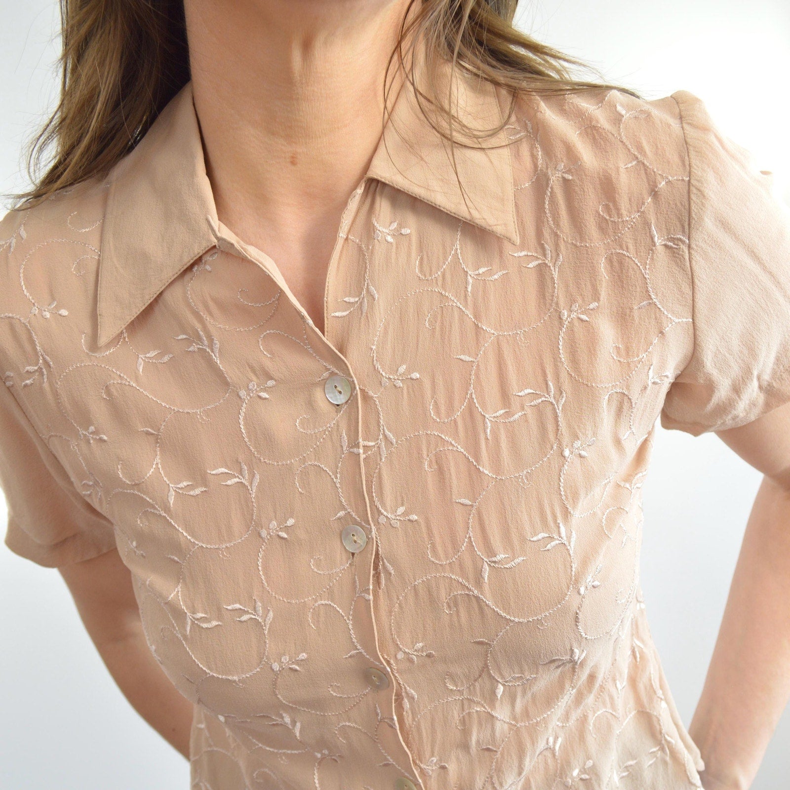 dusty rose beige embroidered silk button down blouse