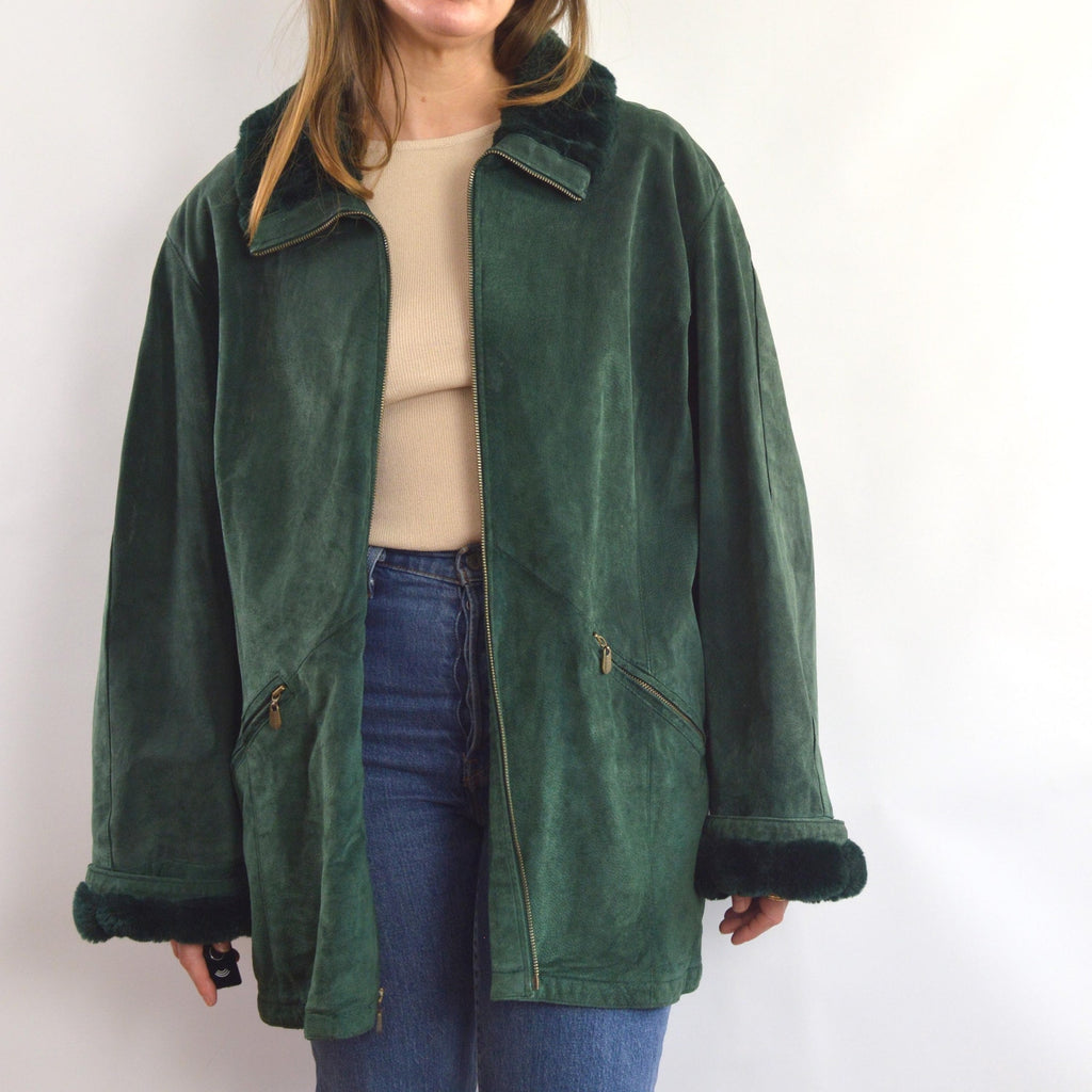 evergreen suede chore coat with sheepskin collar and cuffs