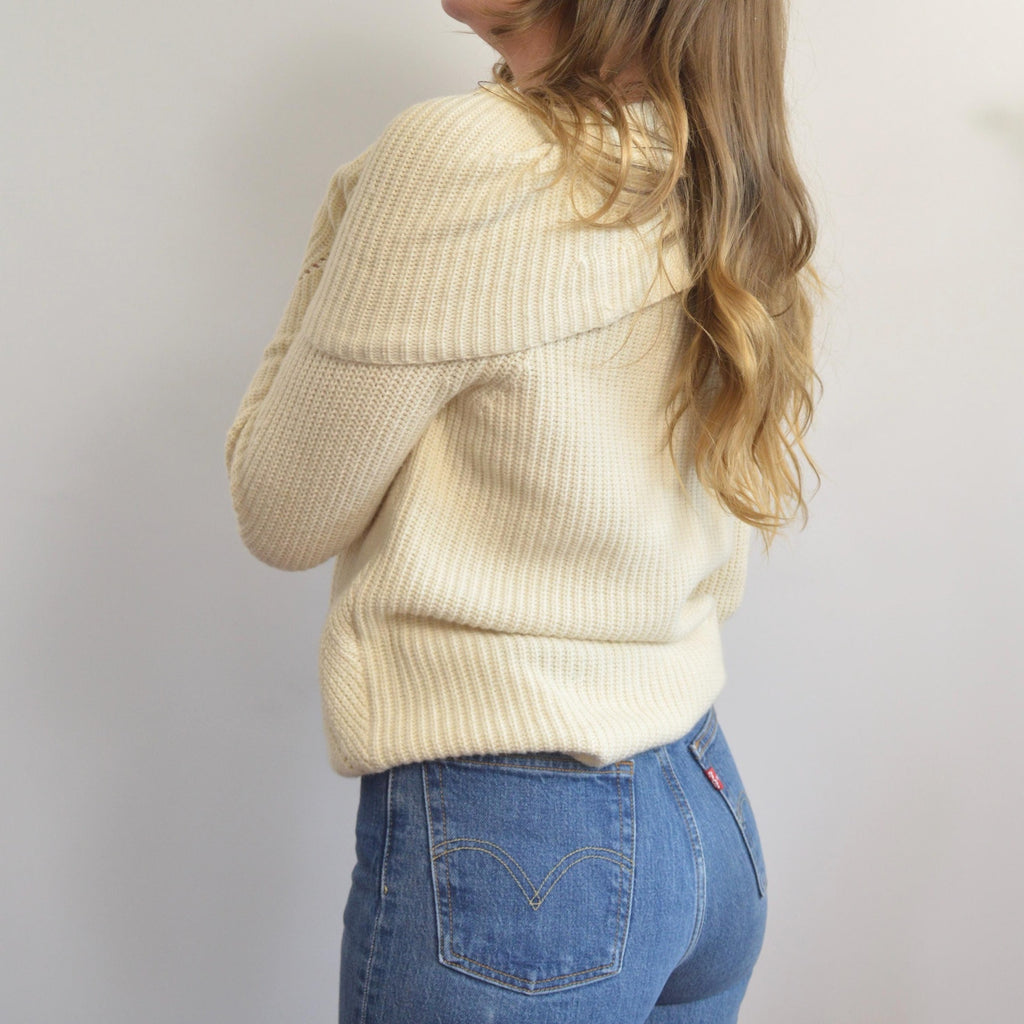 oversized cowl neck crochet ivory sweater