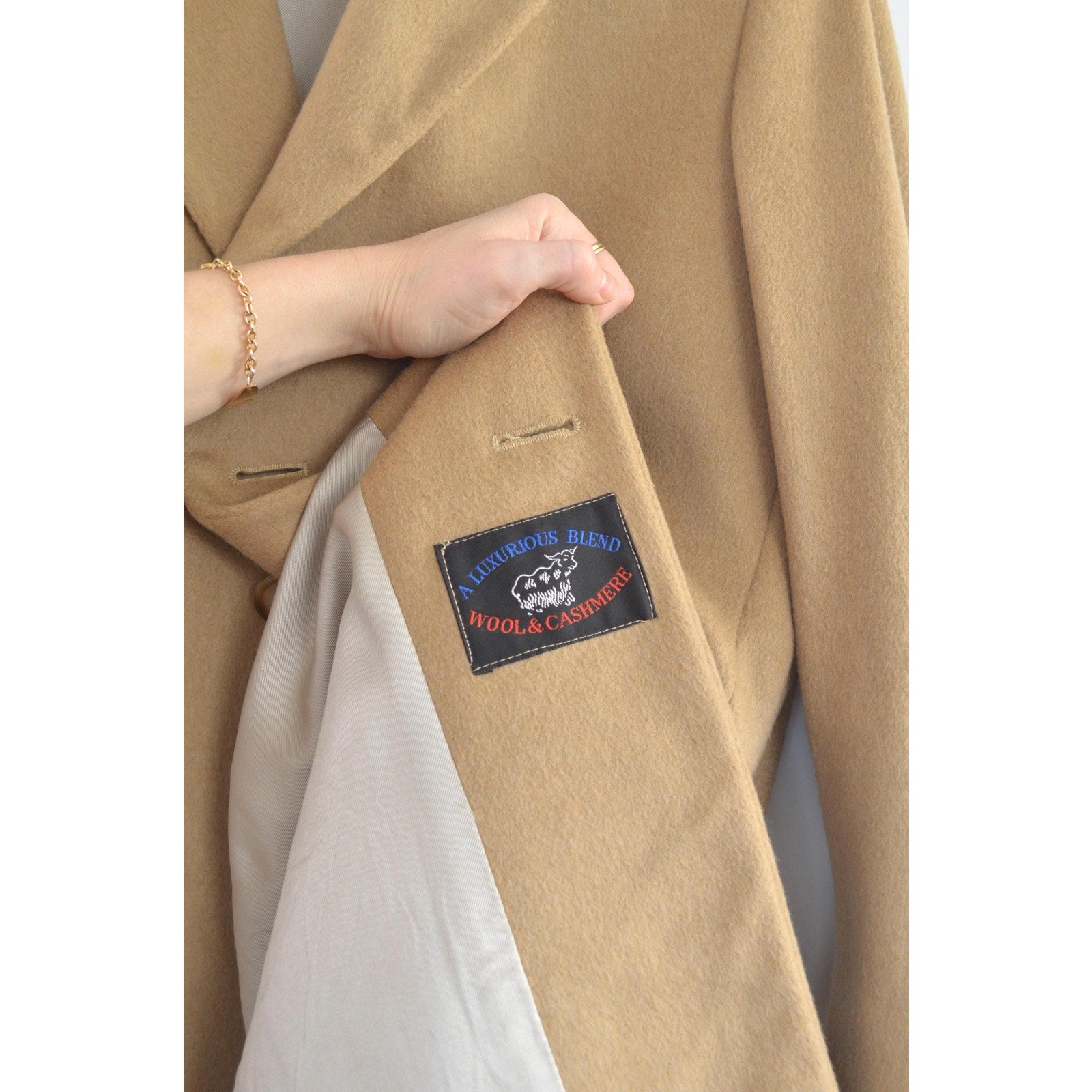 lux camel tan long wool/cashmere blend overcoat