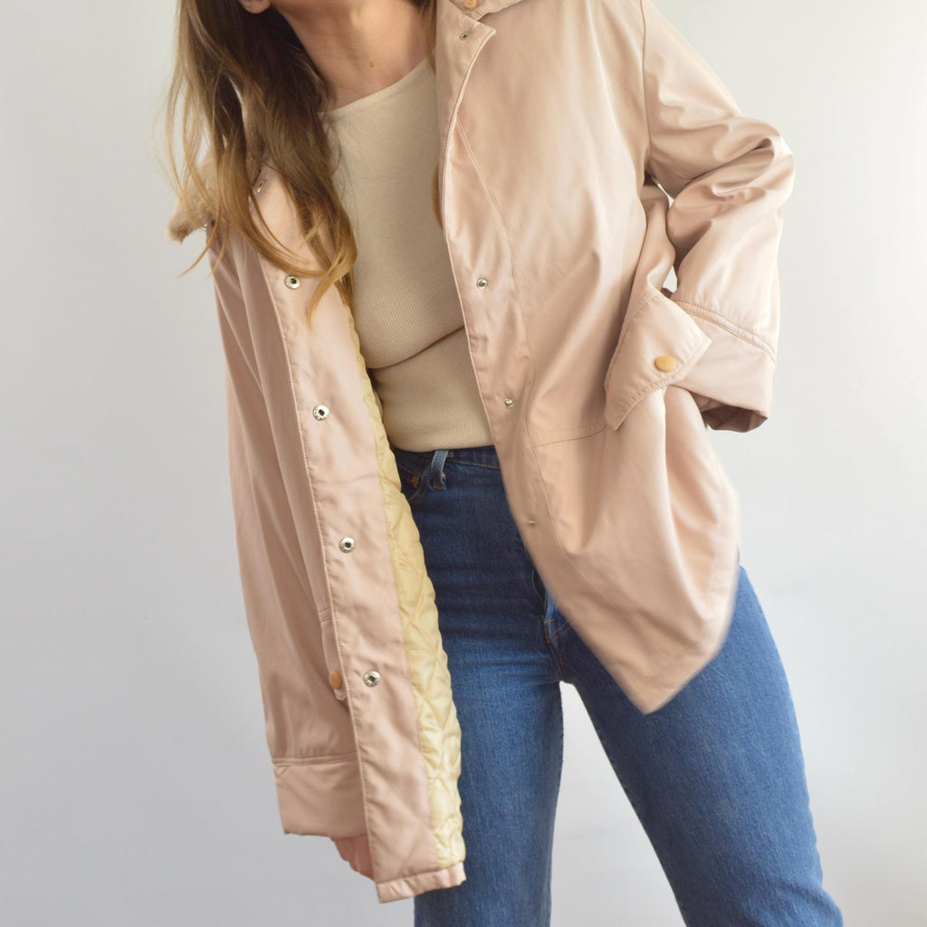 blush and tan cotton blend quilted insulated parka with removable faux fur collar