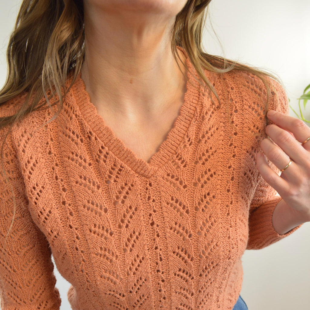 pure gould open knit dusty rose v-neck cropped sweater
