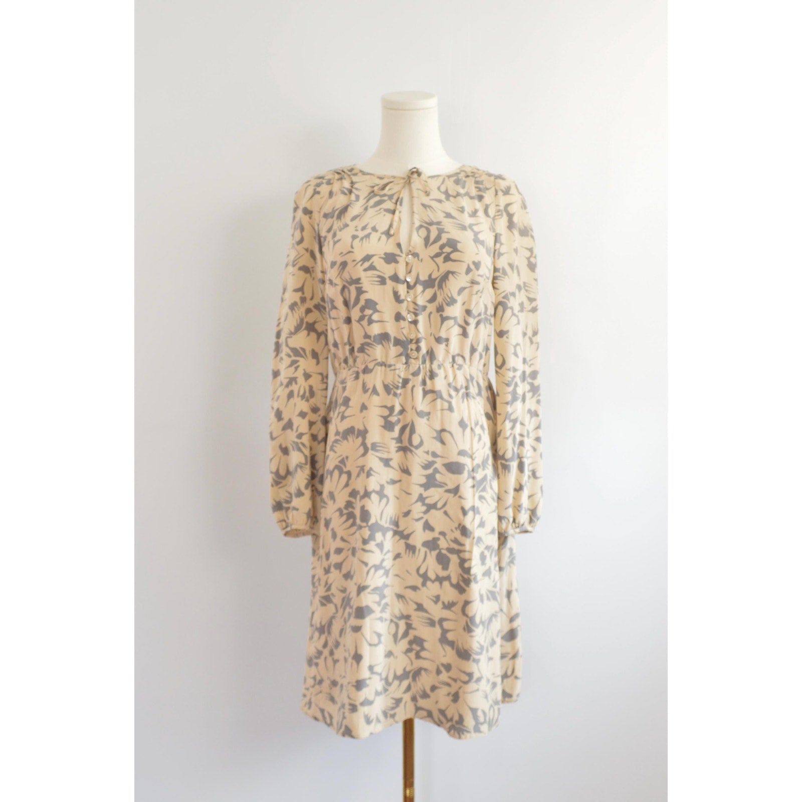 pure silk tie-neck knee length taupe and gray dress
