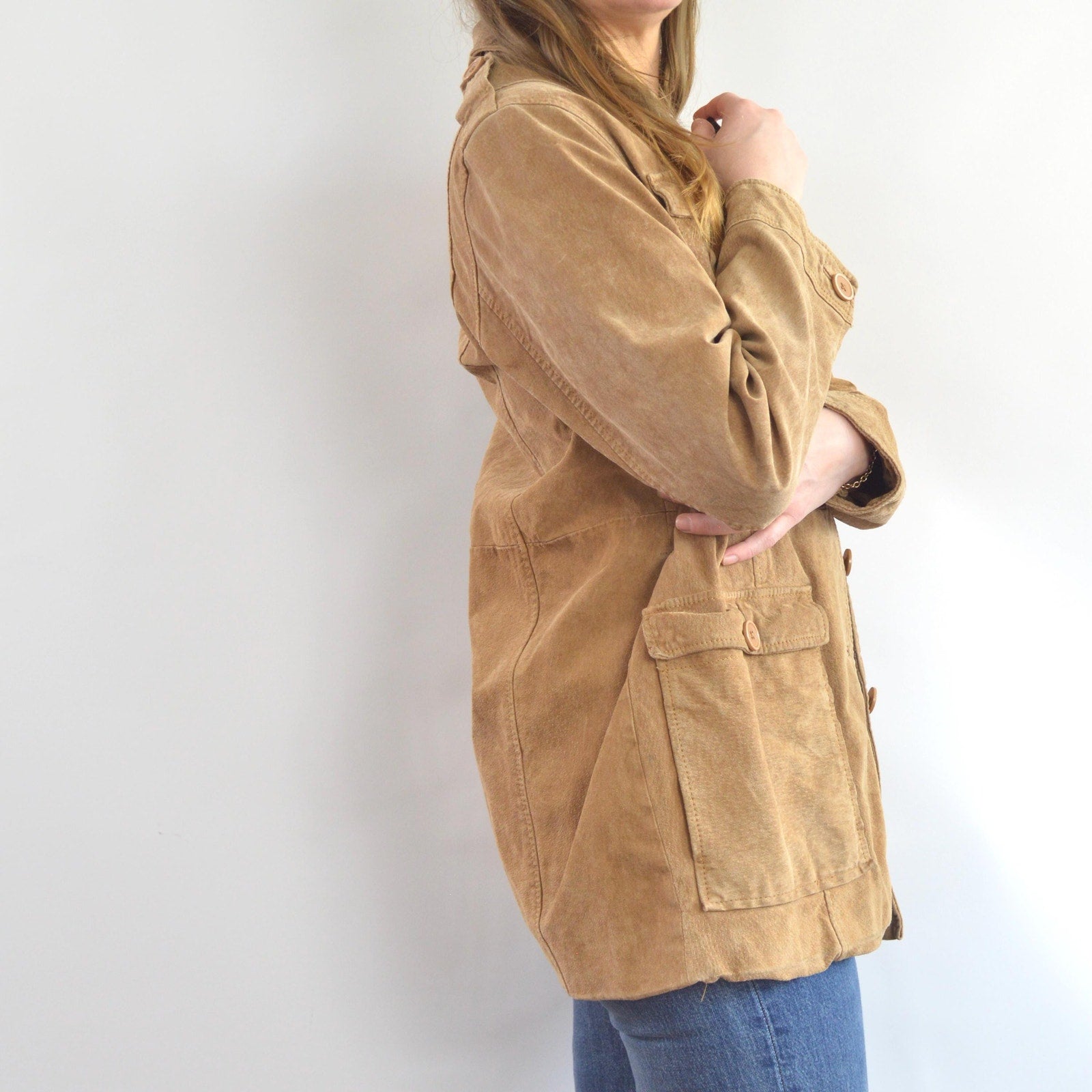 fully lined light brown vintage suede chore coat