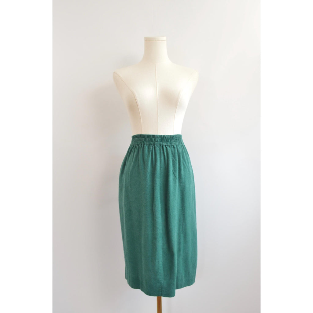 pure silk green elastic waist midi skirt with pockets