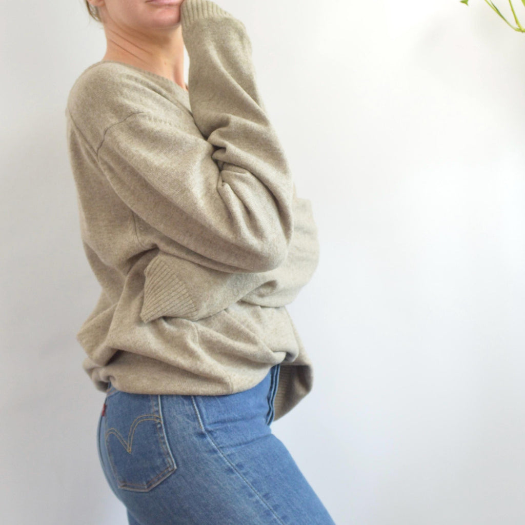 oversized cozy vintage ll bean v neck oatmeal wool sweater
