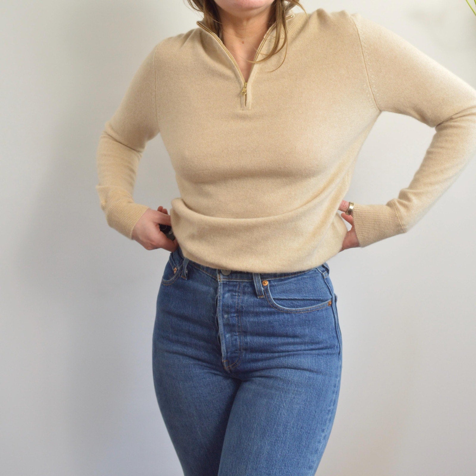 perfect oatmeal cashmere half zip sweater