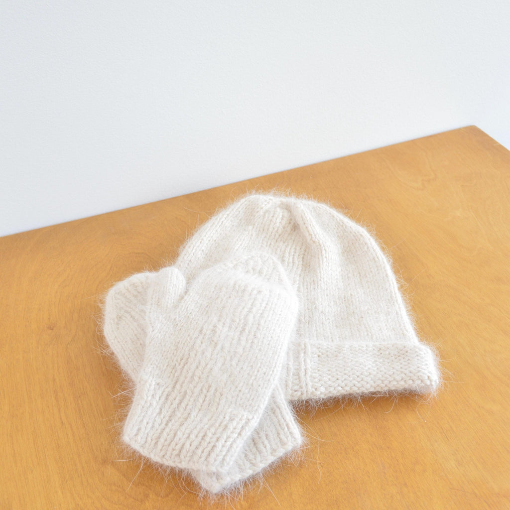 light beige vintage cashmere and alpaca hat and mitten set
