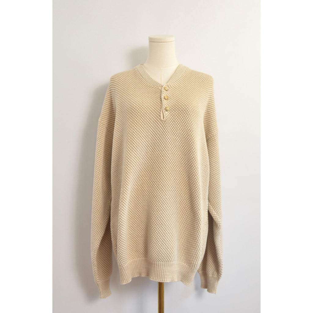 classic susquehanna trail beige and cream bubble knit quarter button cotton sweater