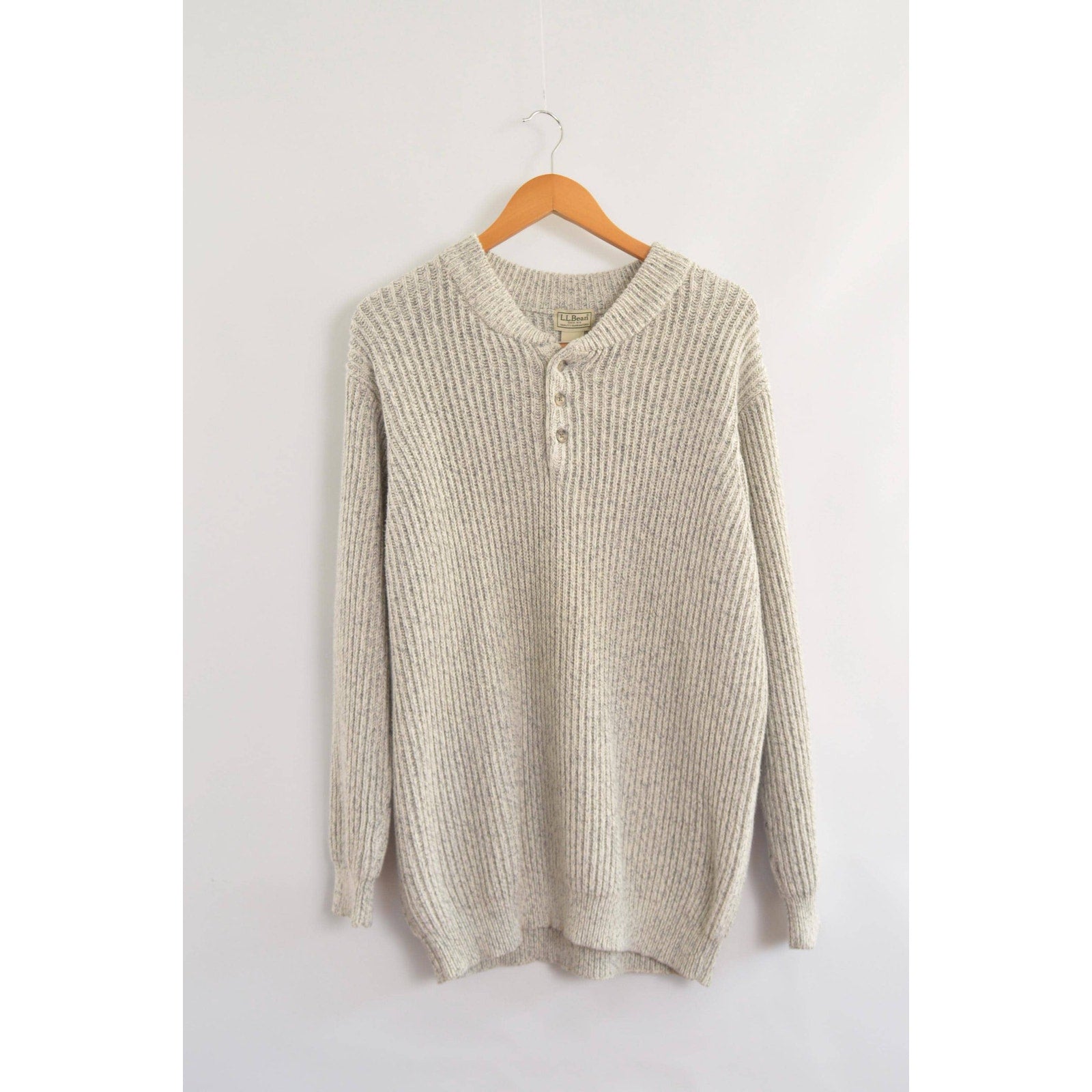 blue and white marled knit cotton quarter button vintage ll bean sweater