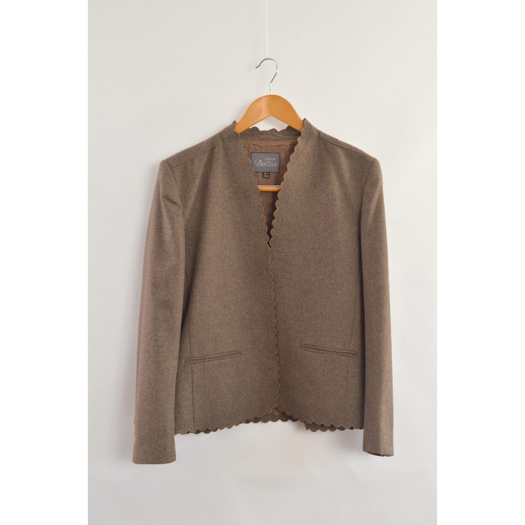 vintage taupe brown wool blend scallop edge blazer