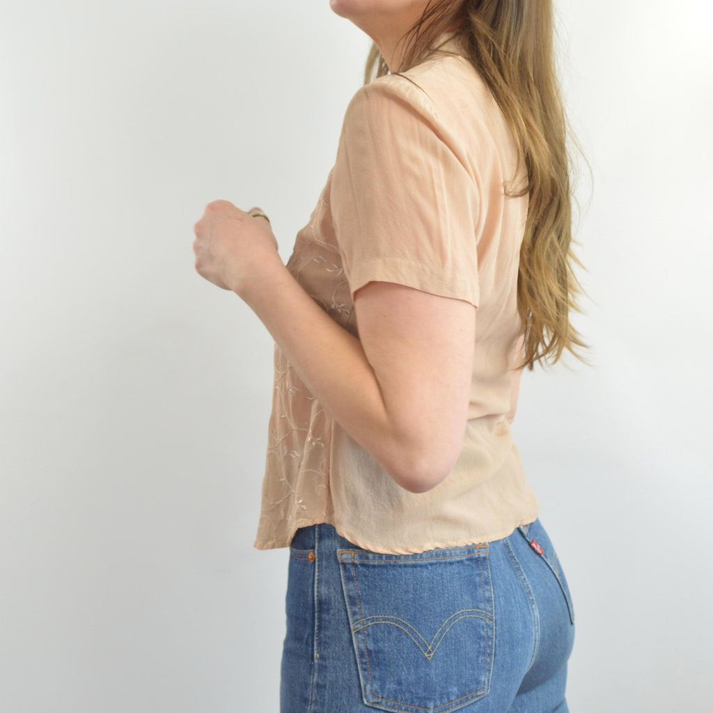dusty rose beige embroidered silk button down blouse