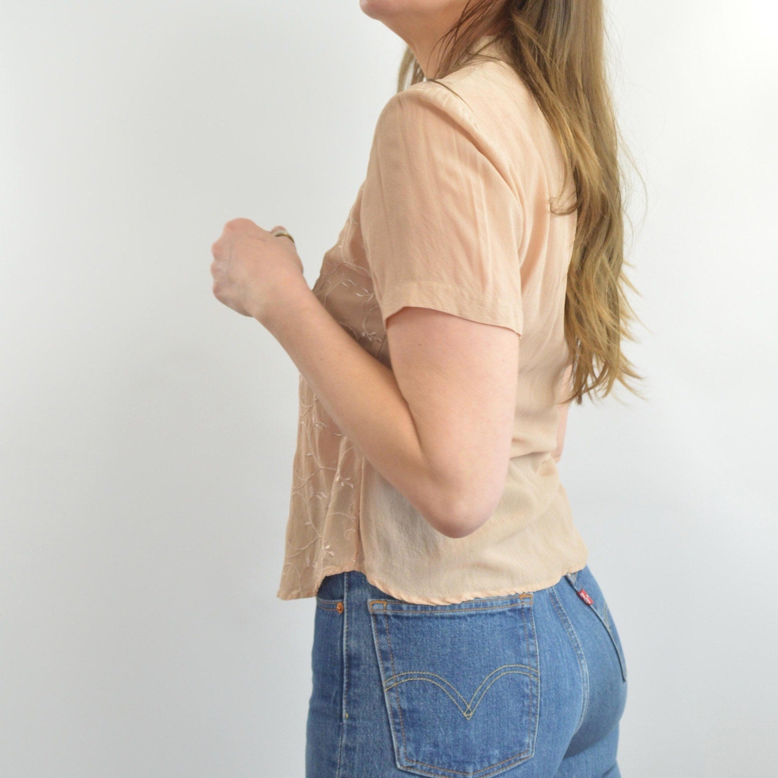 dusty rose beige embroidered silk button down blouse