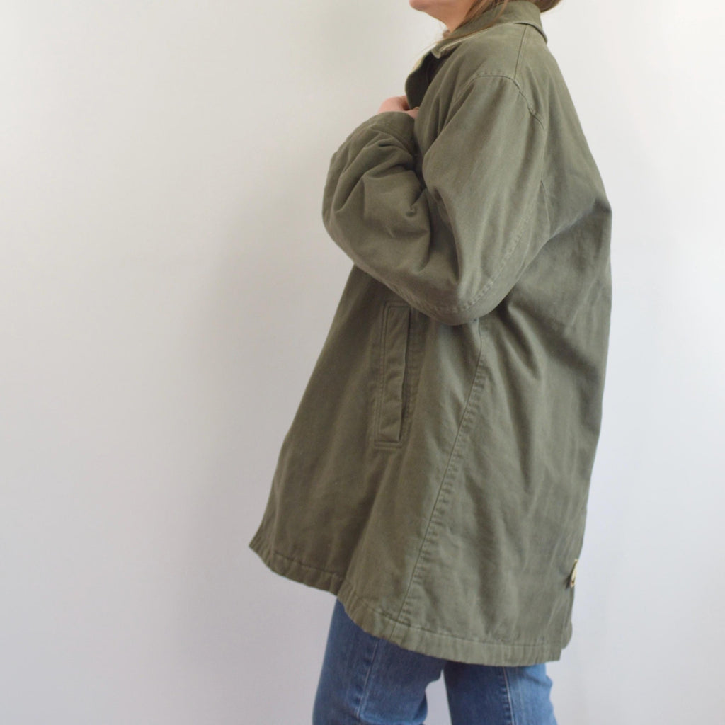 quilted olive green cotton mid length chore coat