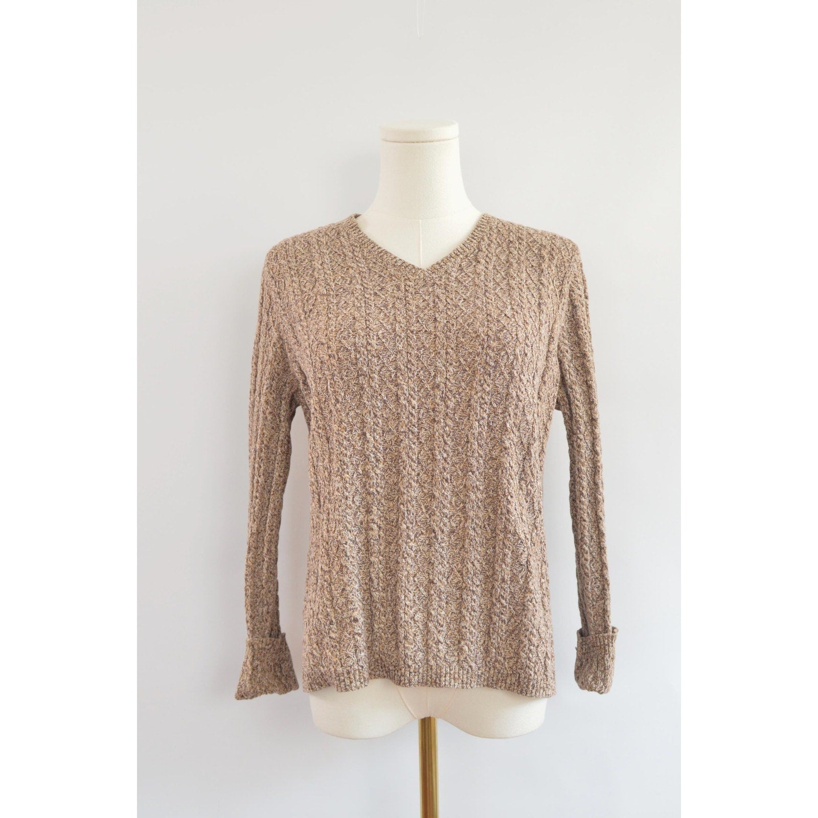 speckled brown and tan v-neck cotton cropped sweater