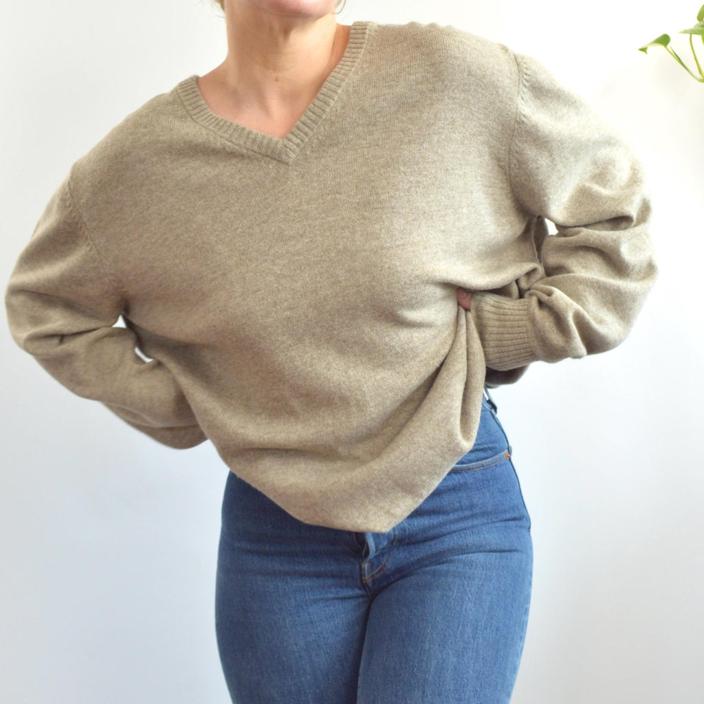 oversized cozy vintage ll bean v neck oatmeal wool sweater