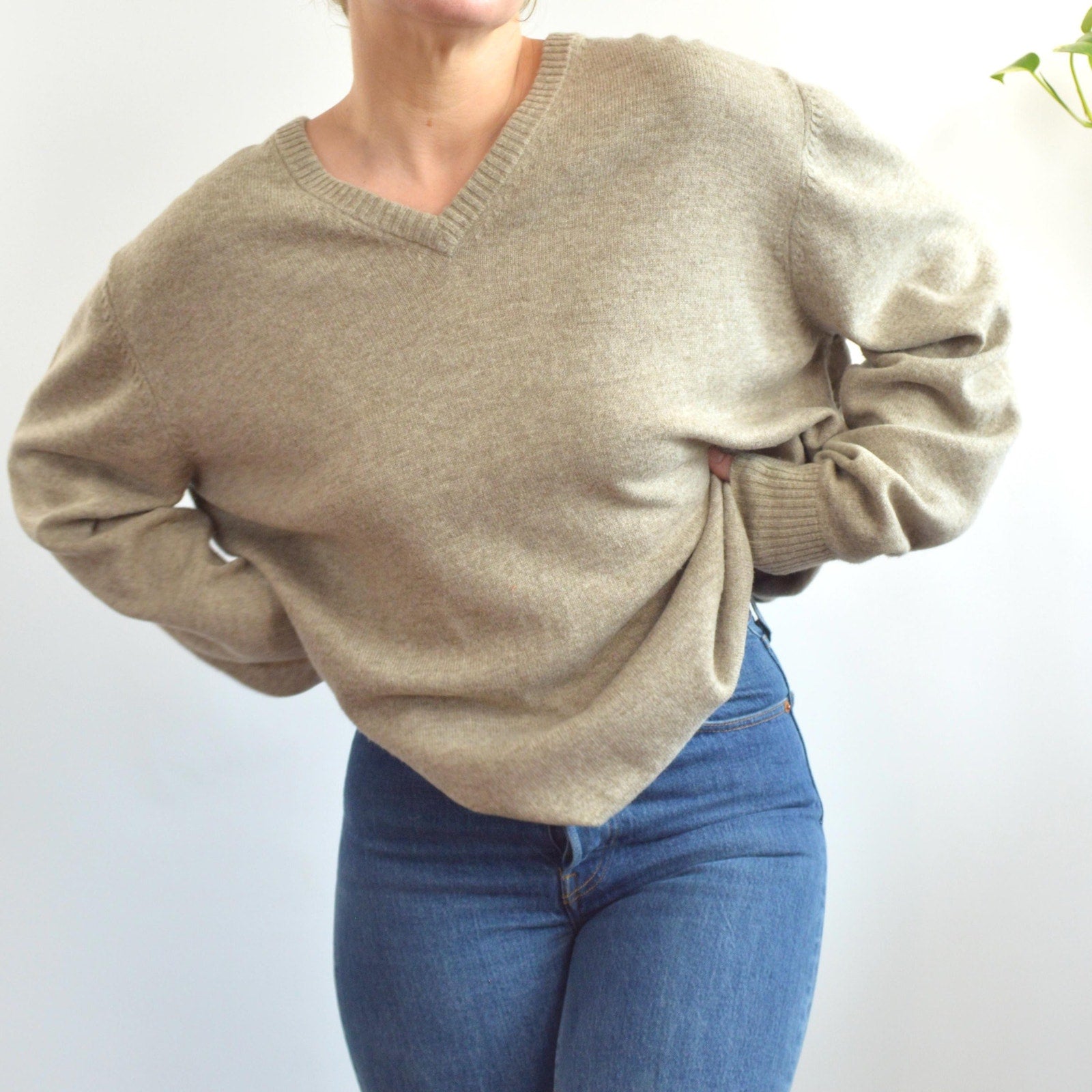 oversized cozy vintage ll bean v neck oatmeal wool sweater