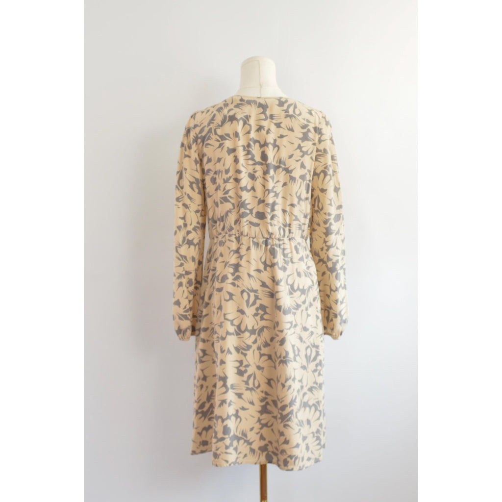 pure silk tie-neck knee length taupe and gray dress