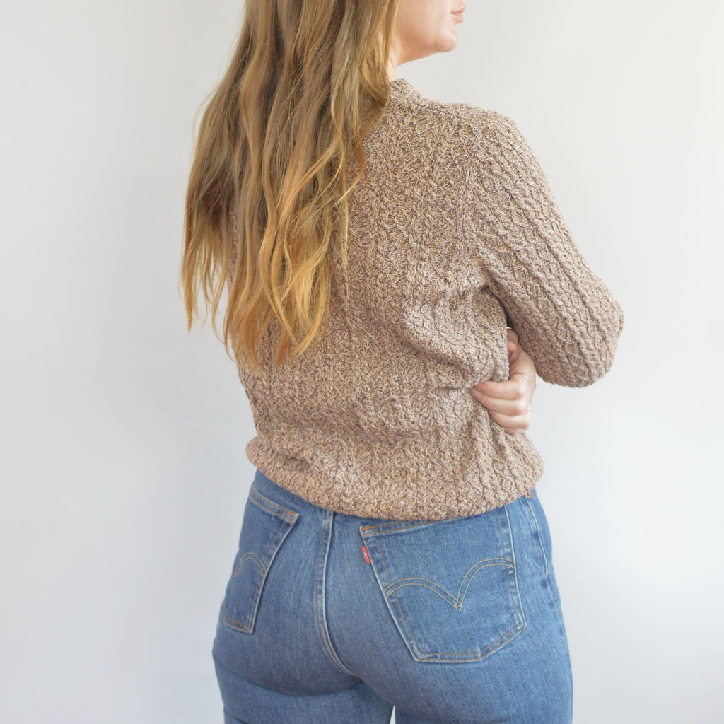 speckled brown and tan v-neck cotton cropped sweater