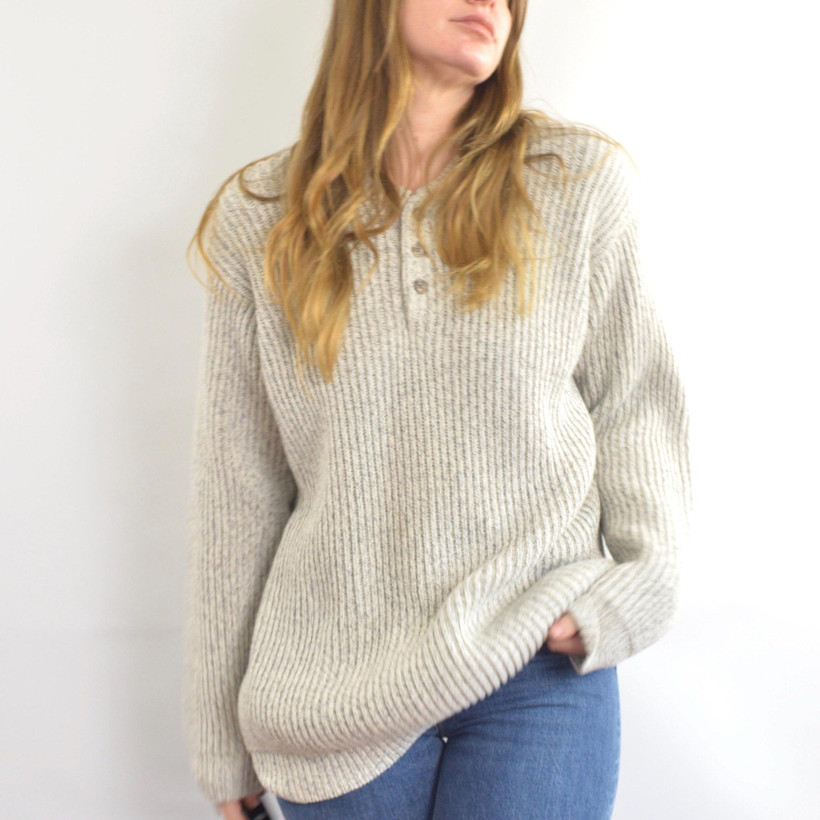 blue and white marled knit cotton quarter button vintage ll bean sweater
