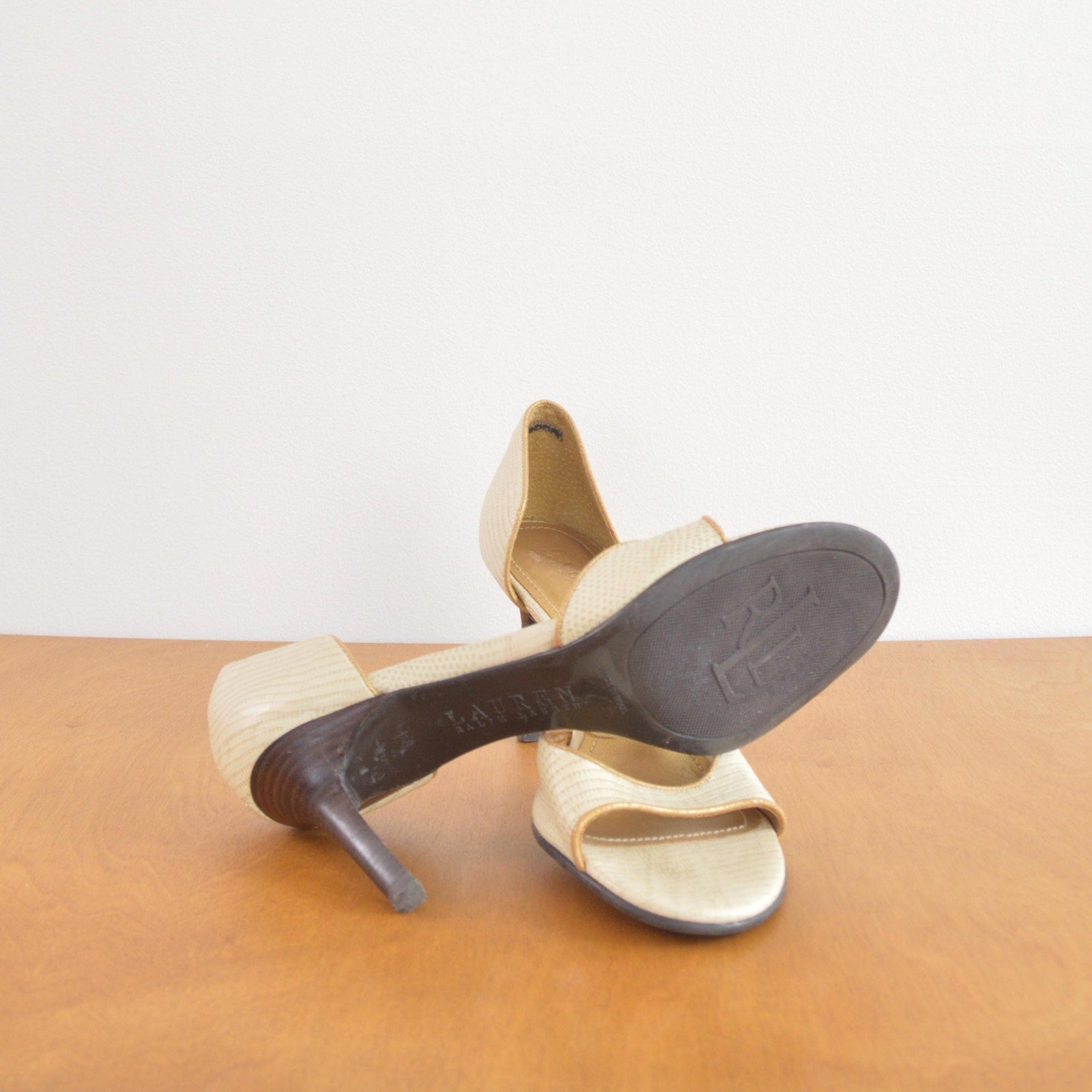 gold trimmed off white crock open toe vintage ralph lauren pumps