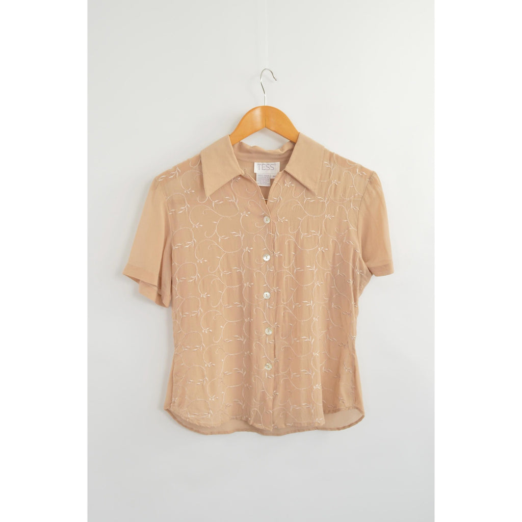 dusty rose beige embroidered silk button down blouse