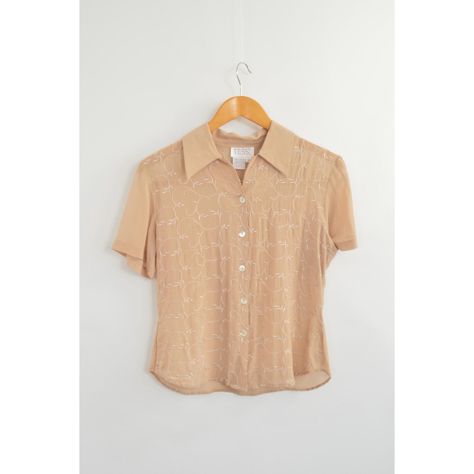 dusty rose beige embroidered silk button down blouse