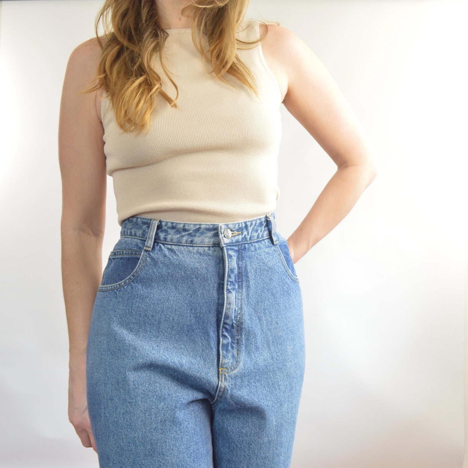 35 x 30 mid wash high rise tapered jeans