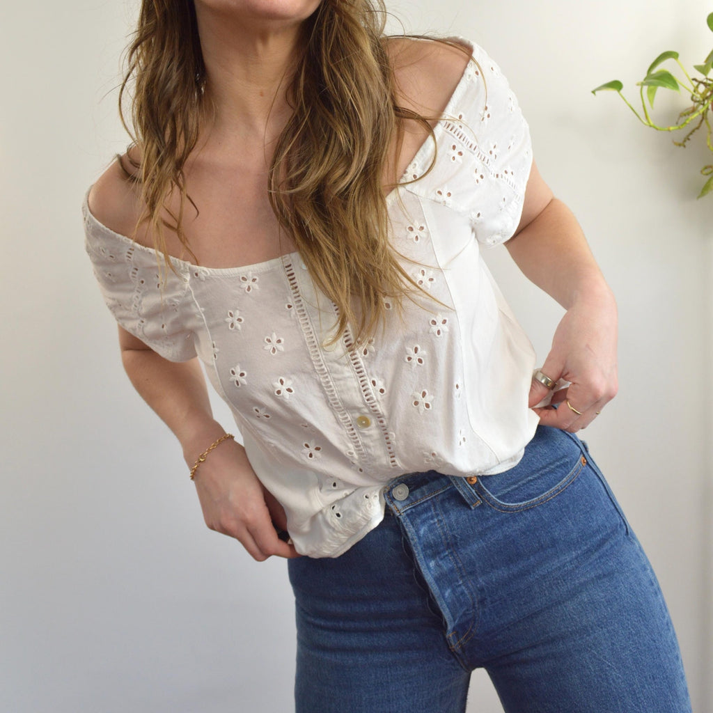white vintage eyelet off the shoulder button down crop blouse