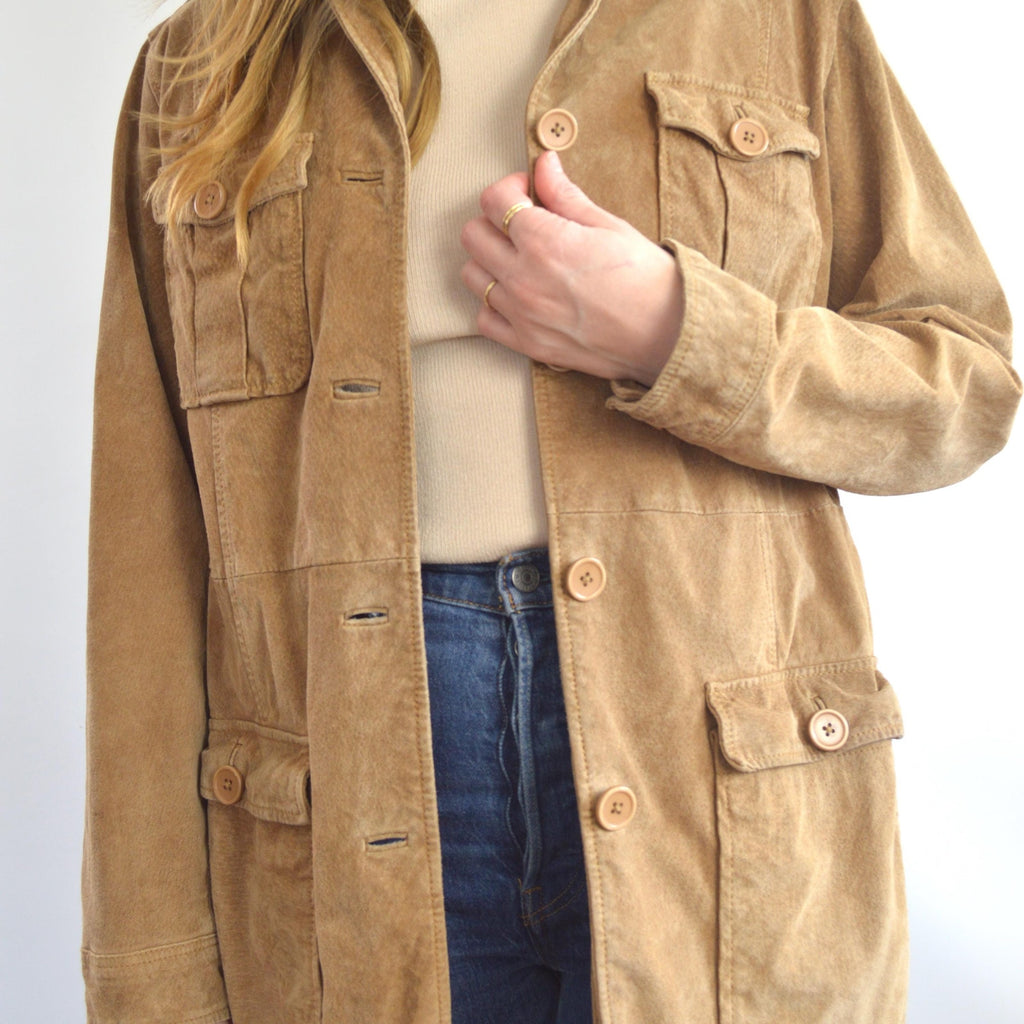 fully lined light brown vintage suede chore coat