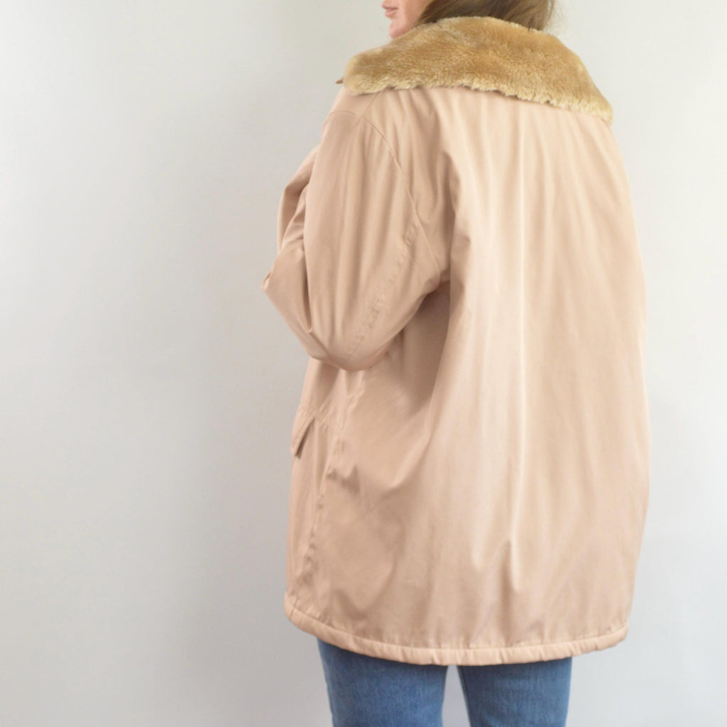 blush and tan cotton blend quilted insulated parka with removable faux fur collar