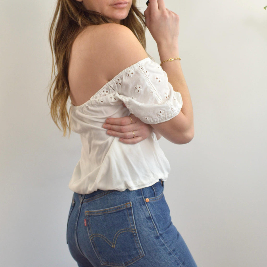 white vintage eyelet off the shoulder button down crop blouse