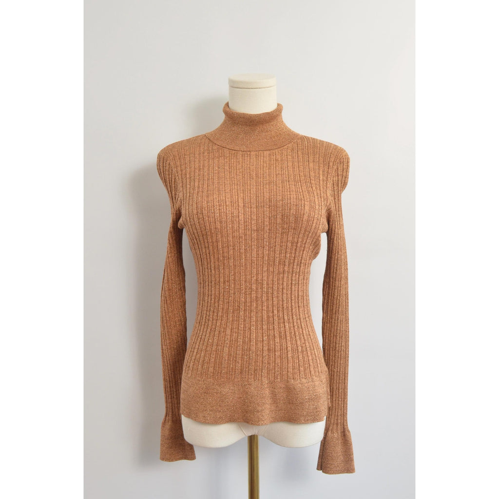 silk blend copper glitter knit turtleneck sweater top