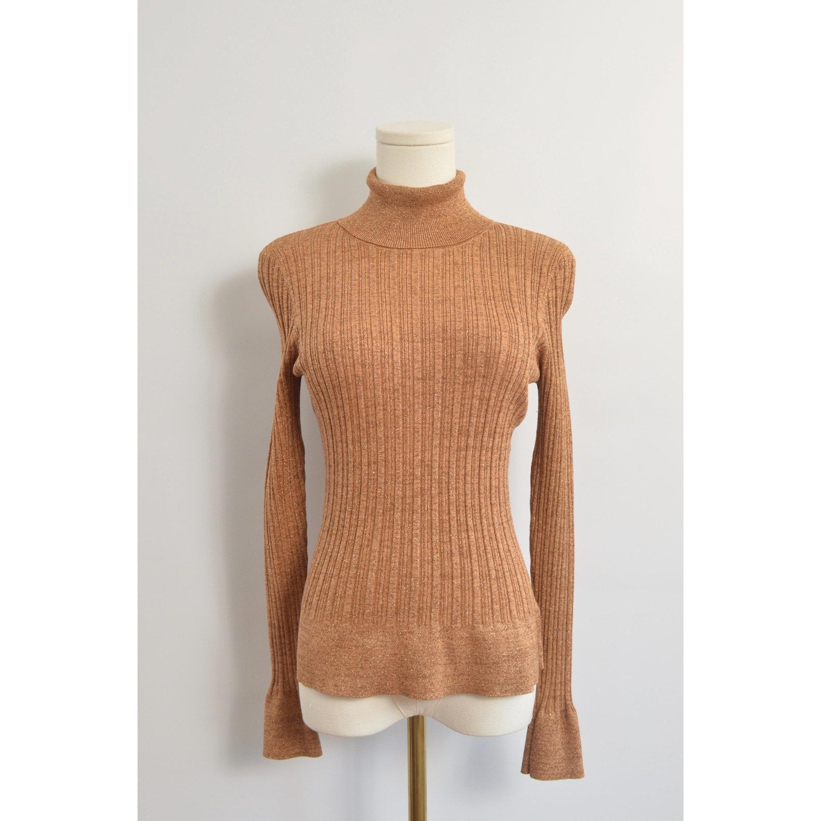 silk blend copper glitter knit turtleneck sweater top