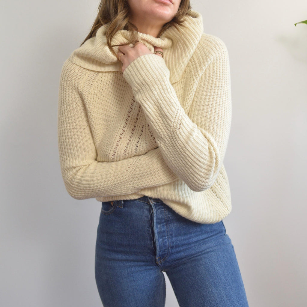 oversized cowl neck crochet ivory sweater