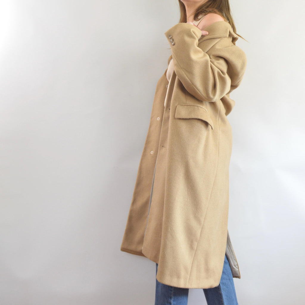 lux camel tan long wool/cashmere blend overcoat