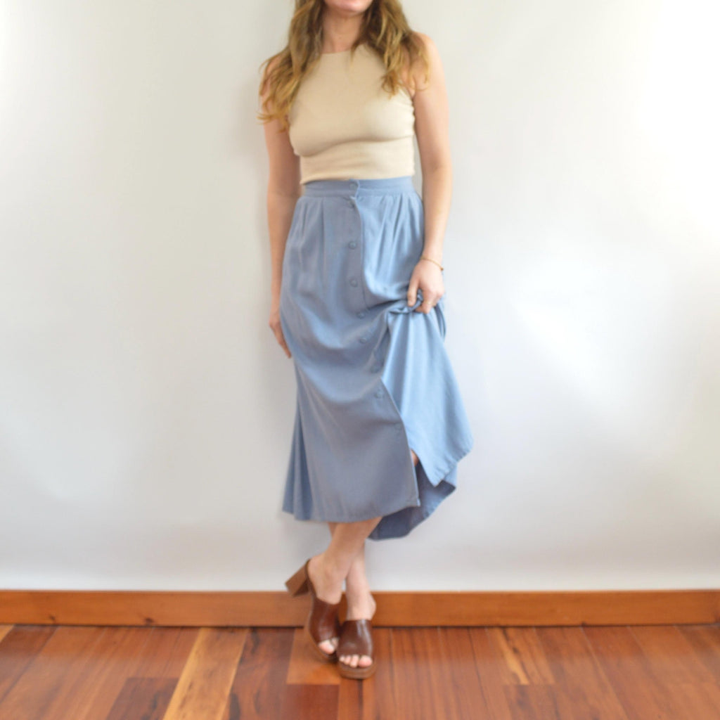 100% silk robins egg blue button down elastic waist midi skirt