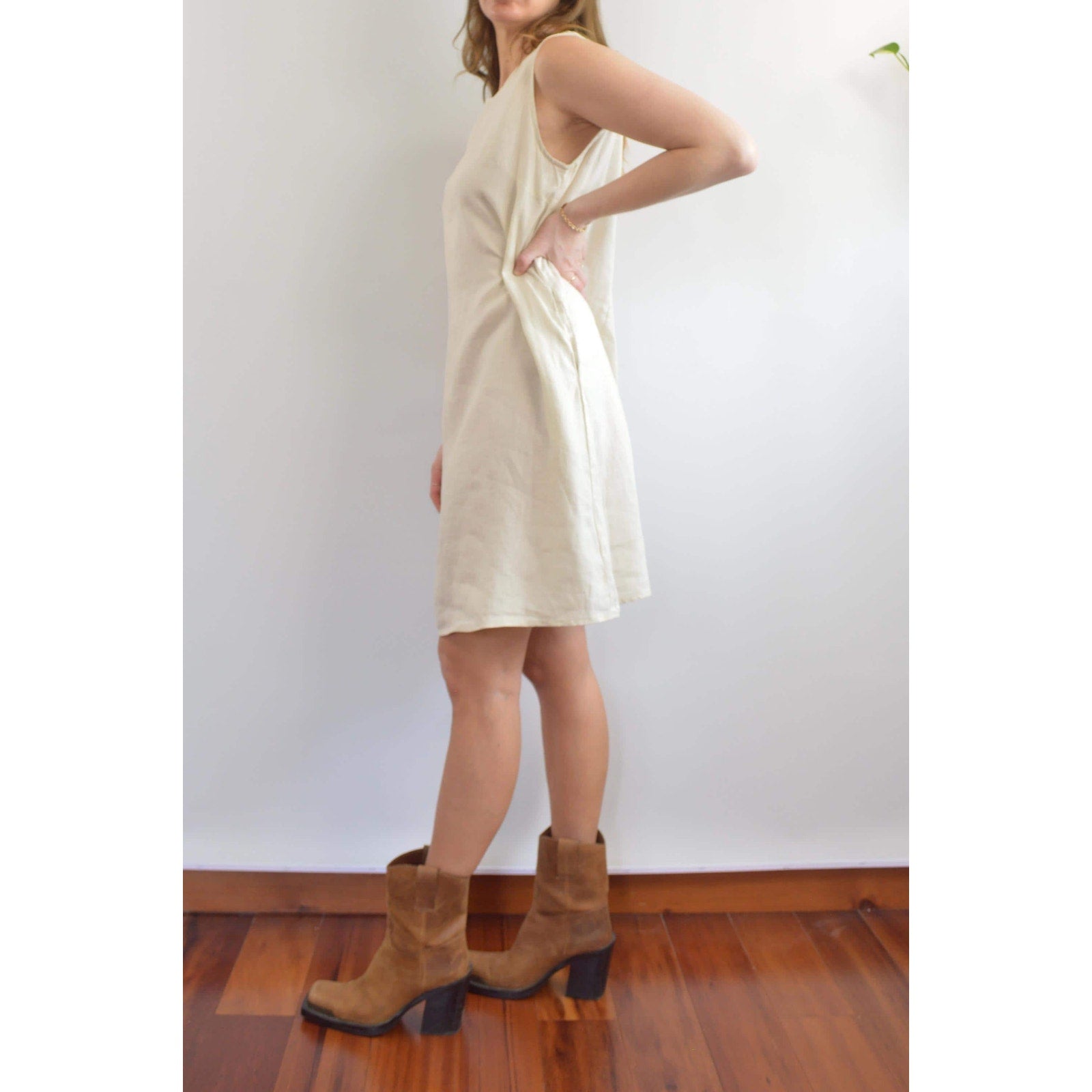 light beige linen tent tank dress with pockets