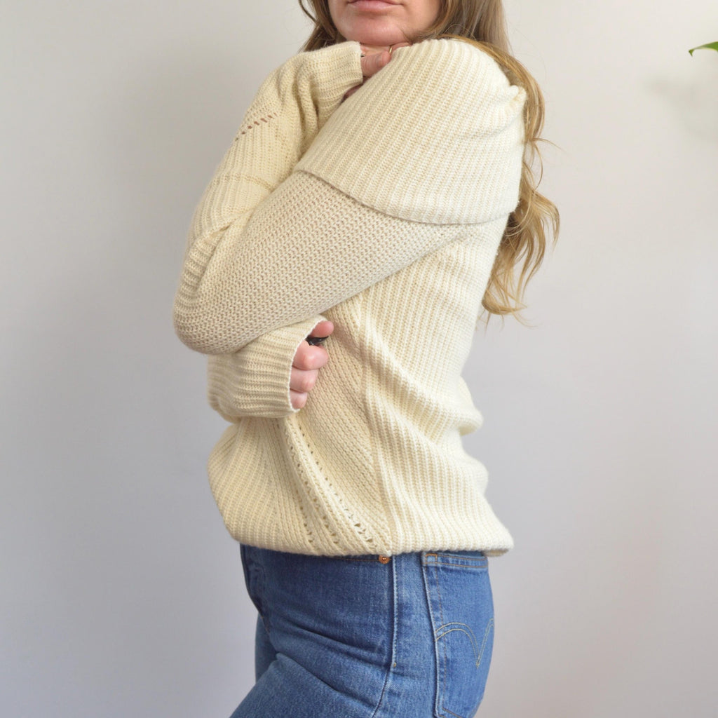 oversized cowl neck crochet ivory sweater