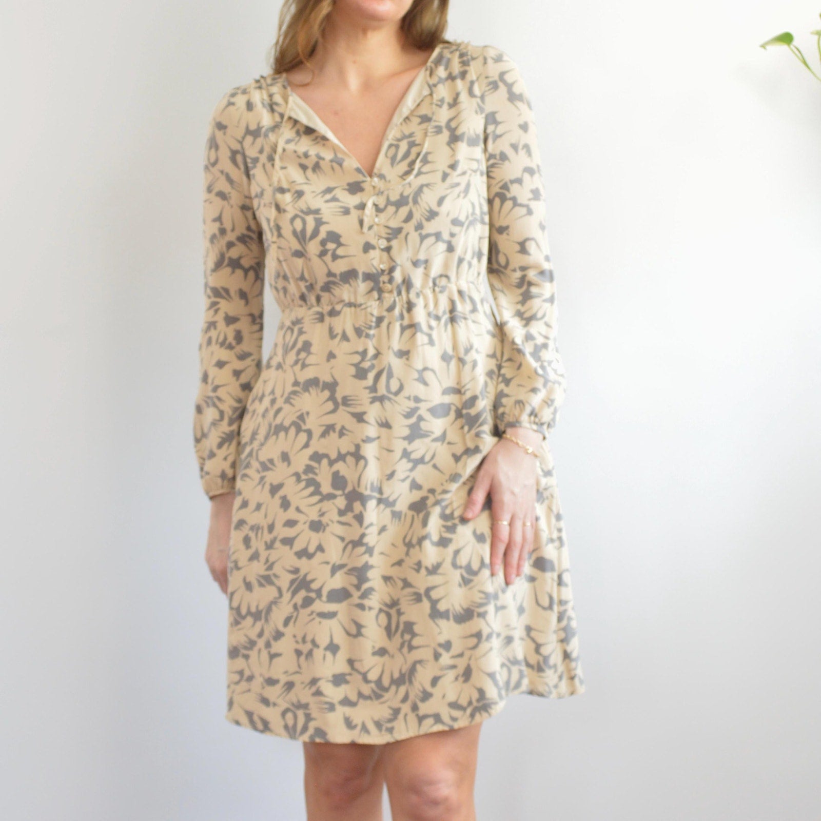 pure silk tie-neck knee length taupe and gray dress