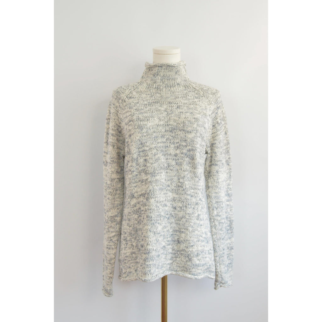 pure cotton blue and white speckled mock neck ll bean sweater