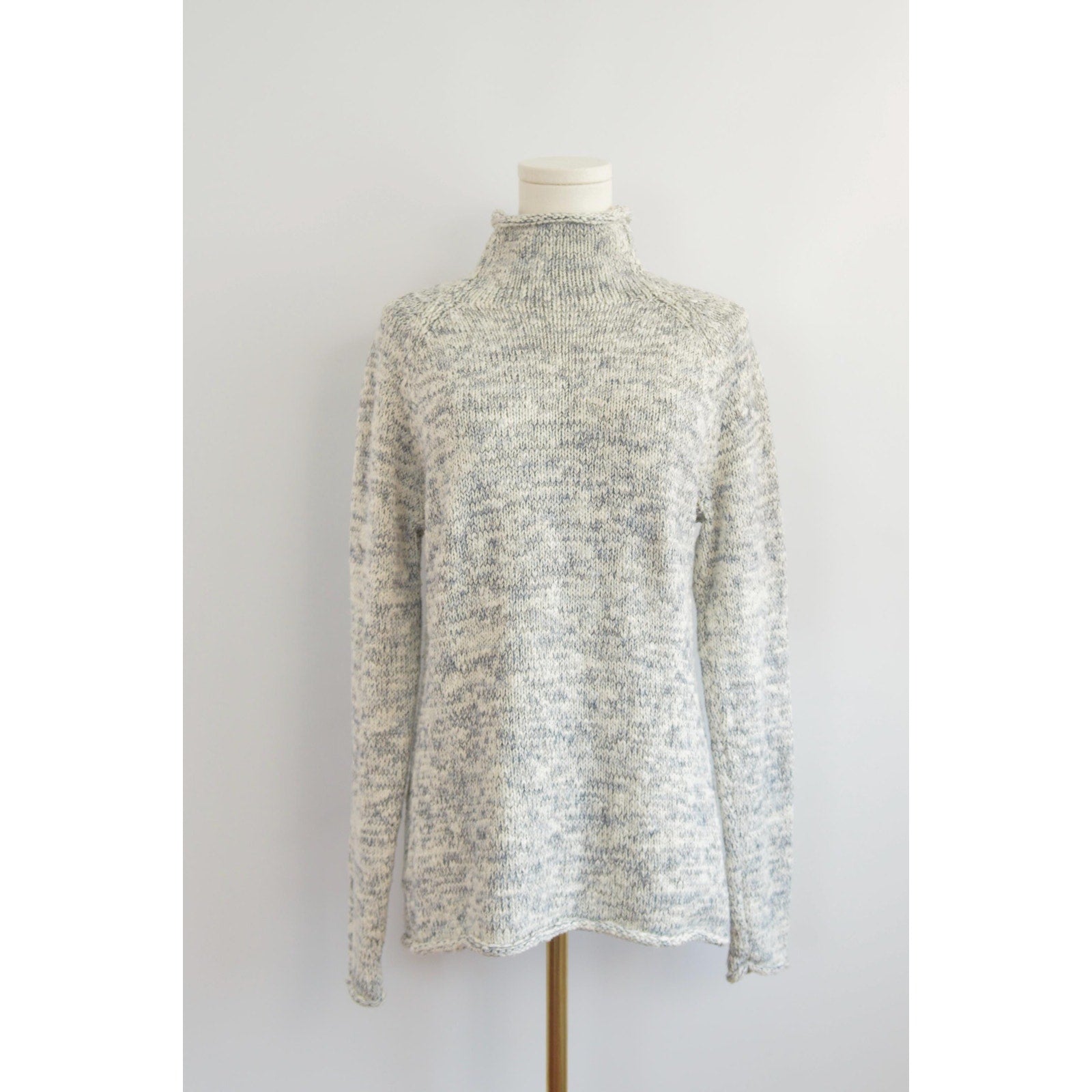 pure cotton blue and white speckled mock neck ll bean sweater