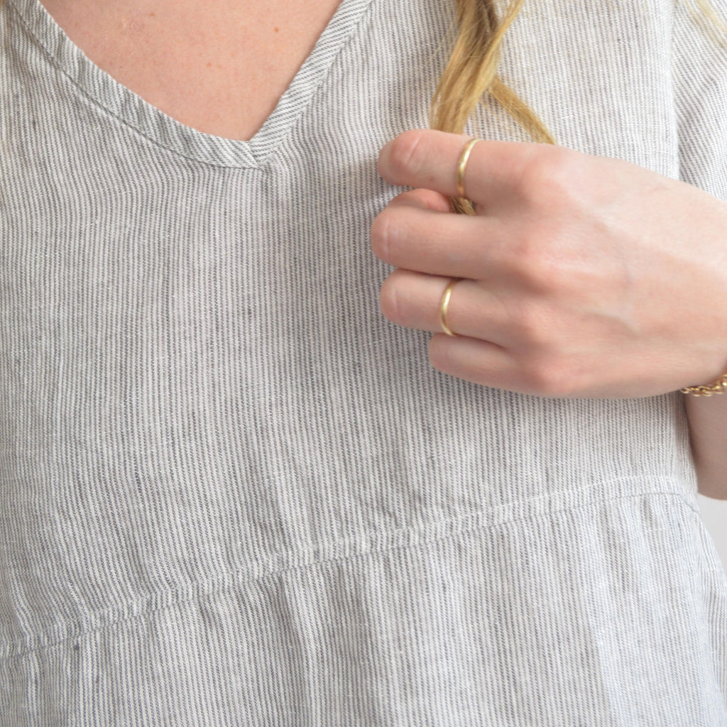 100% linen blue and white striped flax mini tee dress with pockets
