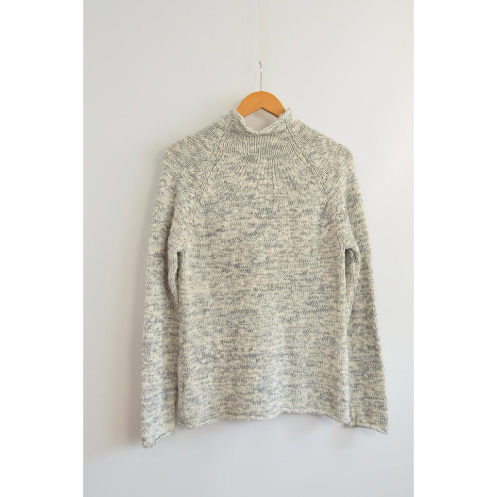 pure cotton blue and white speckled mock neck ll bean sweater
