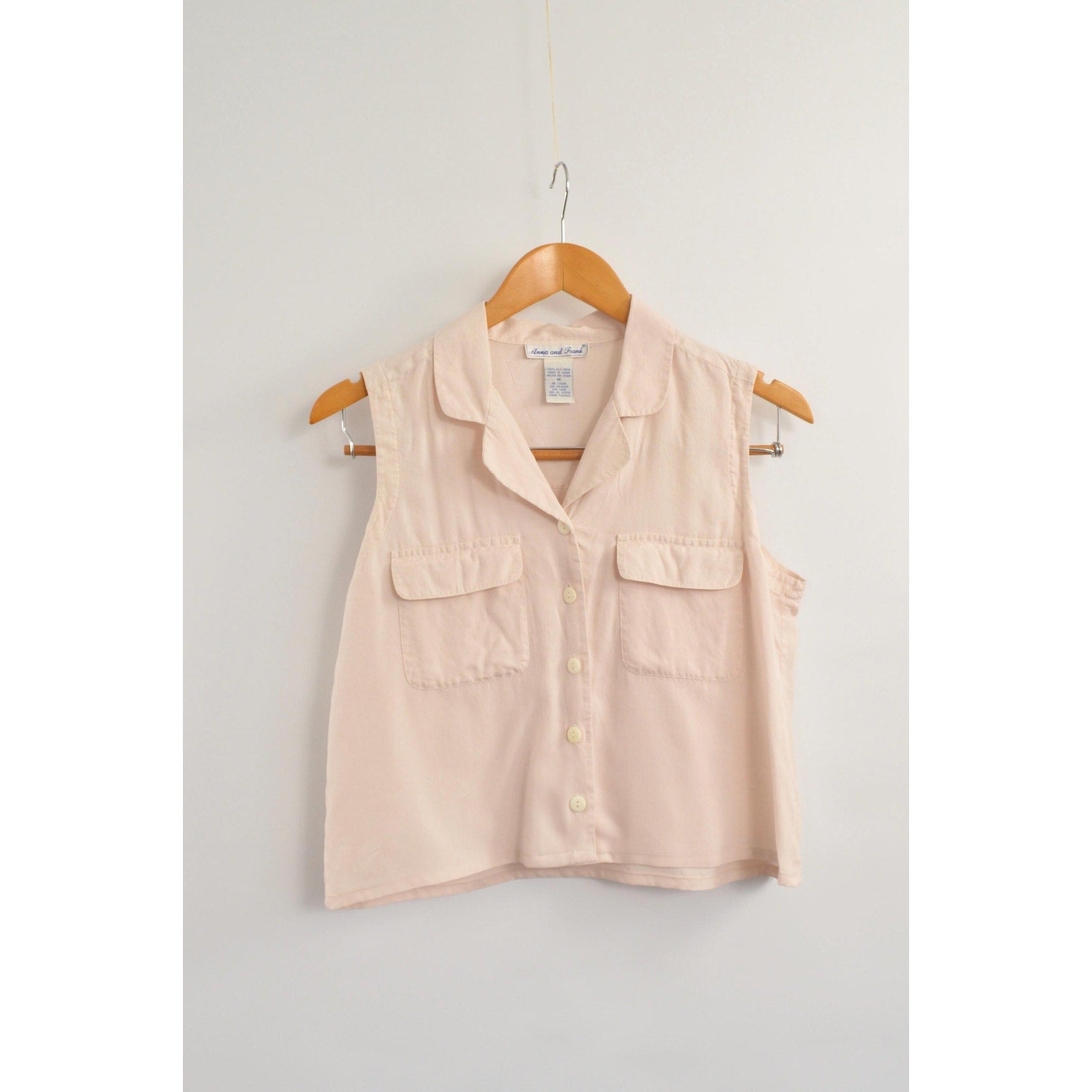 subtle light pink cropped button down 100% silk top