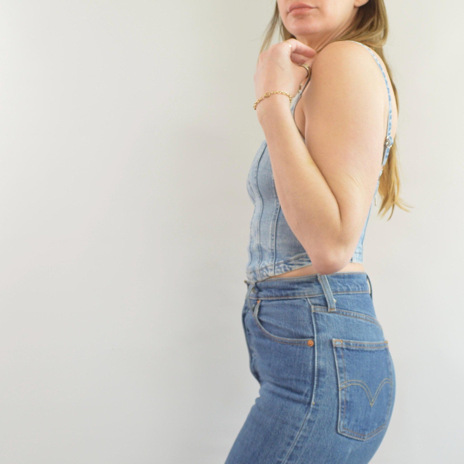 medium wash denim bustier tank with adjustable straps