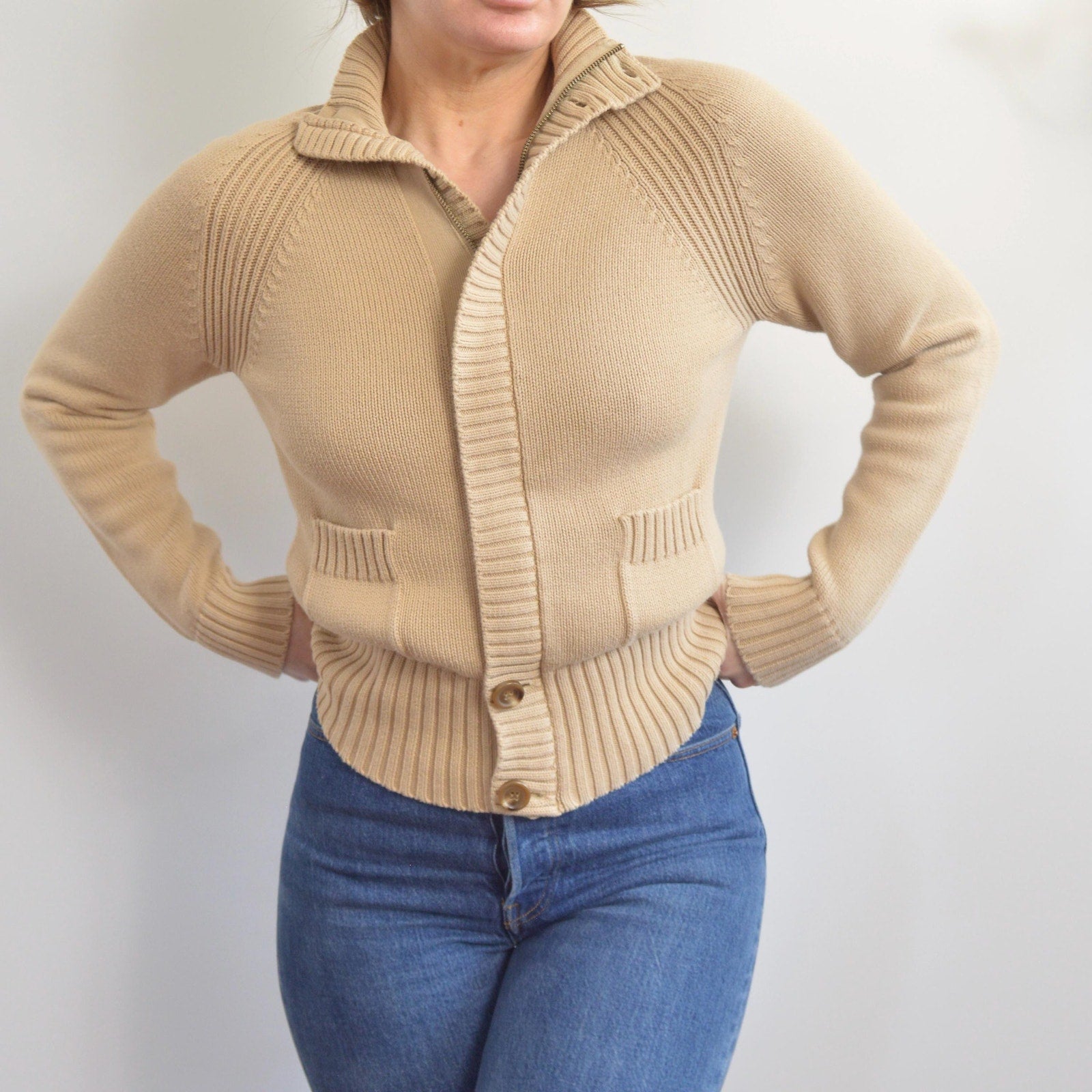dark beige zip up calvin klein turtleneck sweater