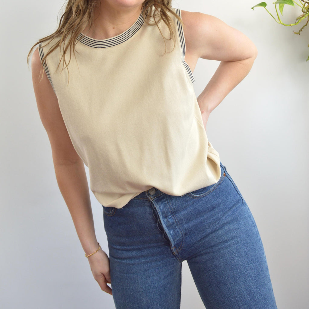 sweater knit silk blend tank with black striped banding around neck and sleeves