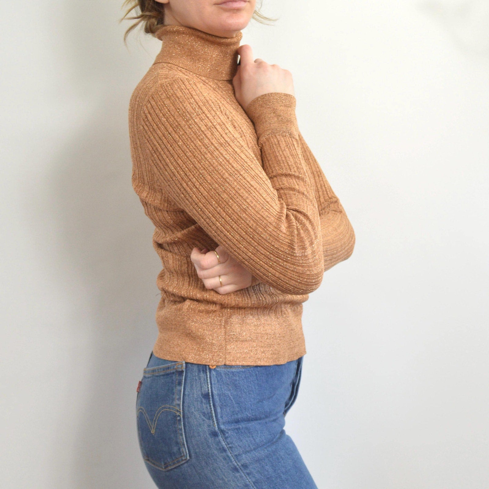 silk blend copper glitter knit turtleneck sweater top